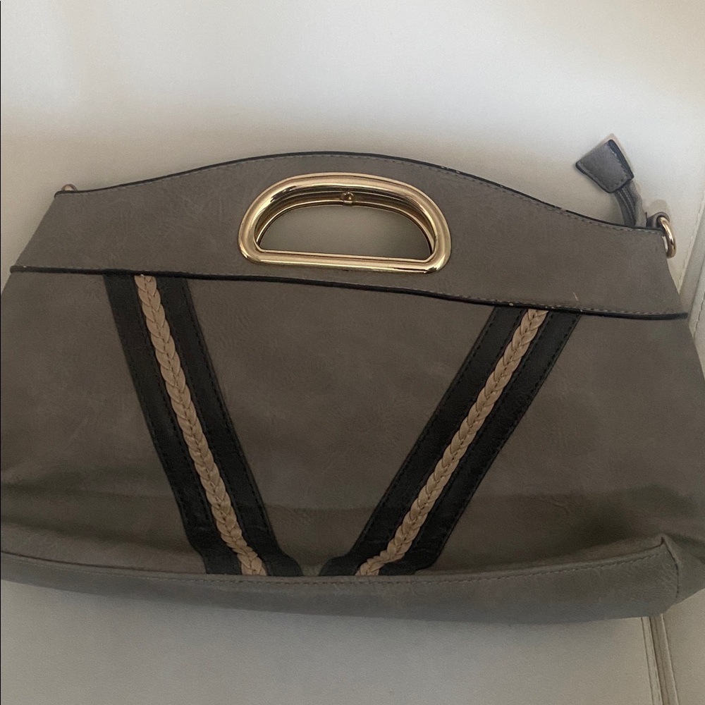 Gray and Black Handbag with Gold Accent